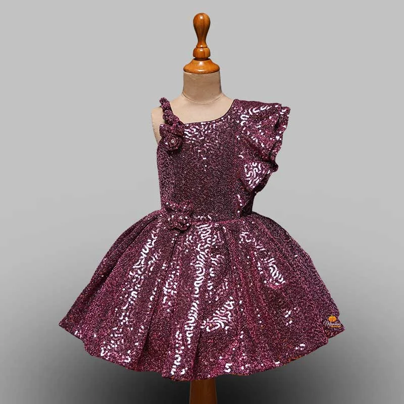 Sequin and One sided Frill Sleeves Girls Frock Sequin Dress Fashion