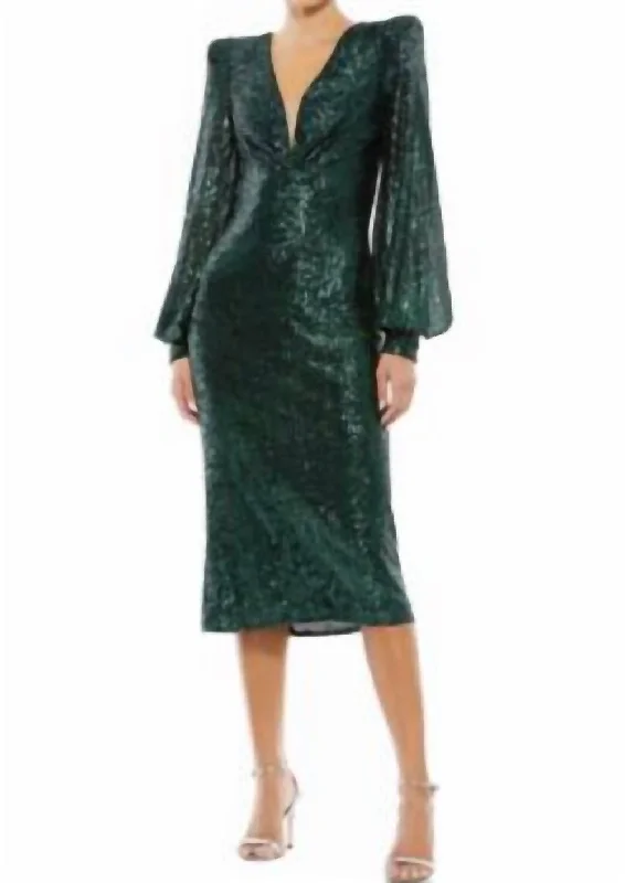 Sequin Sleeved Dress In Black Emerald Shiny Sequin Dress