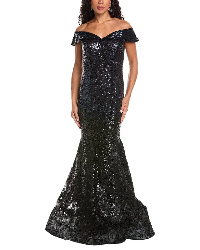 Rene Ruiz Off-The-Shoulder Ombre Sequin Mermaid Gown Silver Glitter Sequin