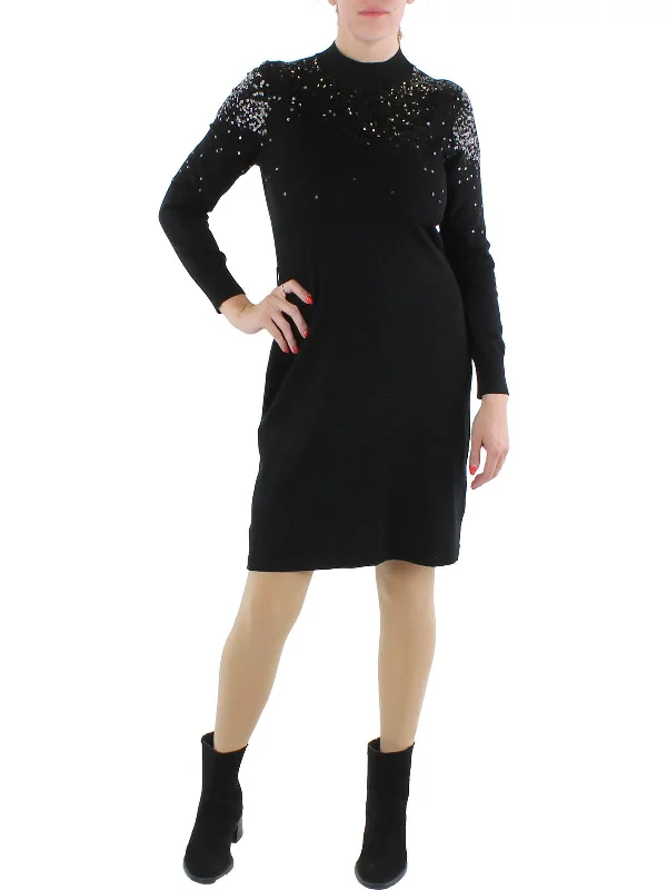 Petites Womens Knit Sequined Sweaterdress Sequin Dress Casual