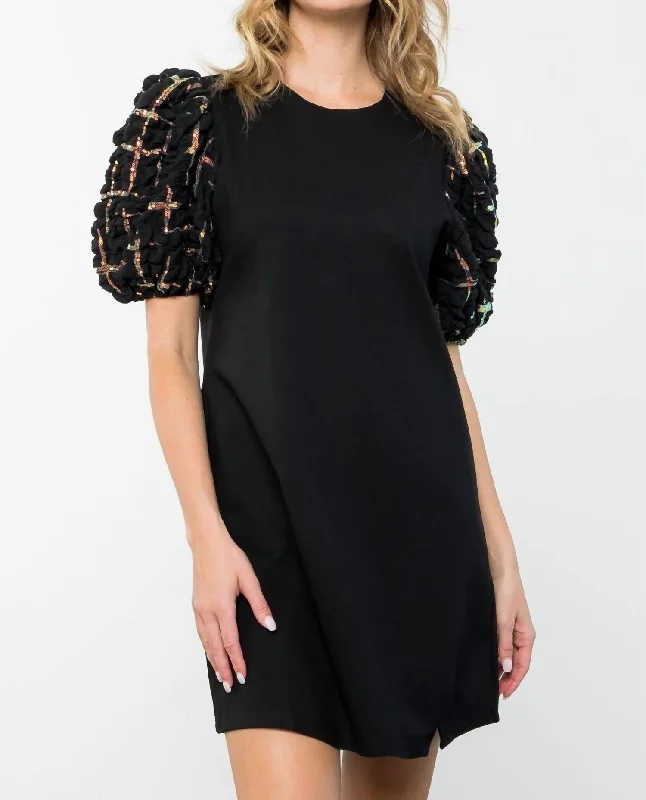 Textured Sequin Puff Sleeve Dress In Black Blue Sequin Dress