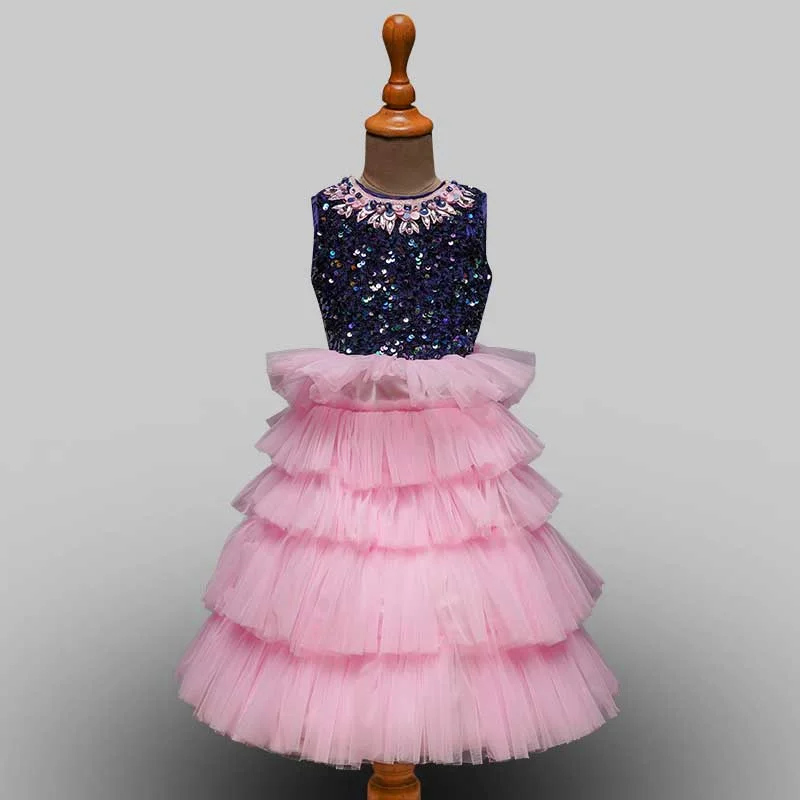 Pink Sequin Layered Gown for Girls Sequin Dress Midi