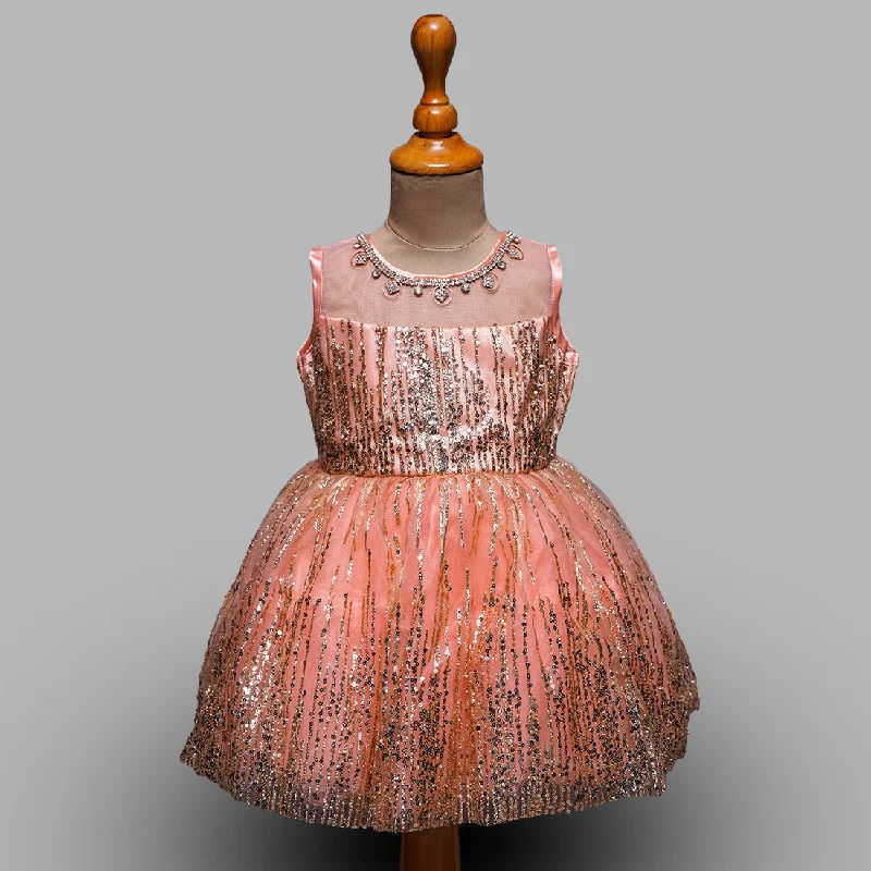 Peach Sequin Kids Frock with Designer Neckline Sequin Dress Look