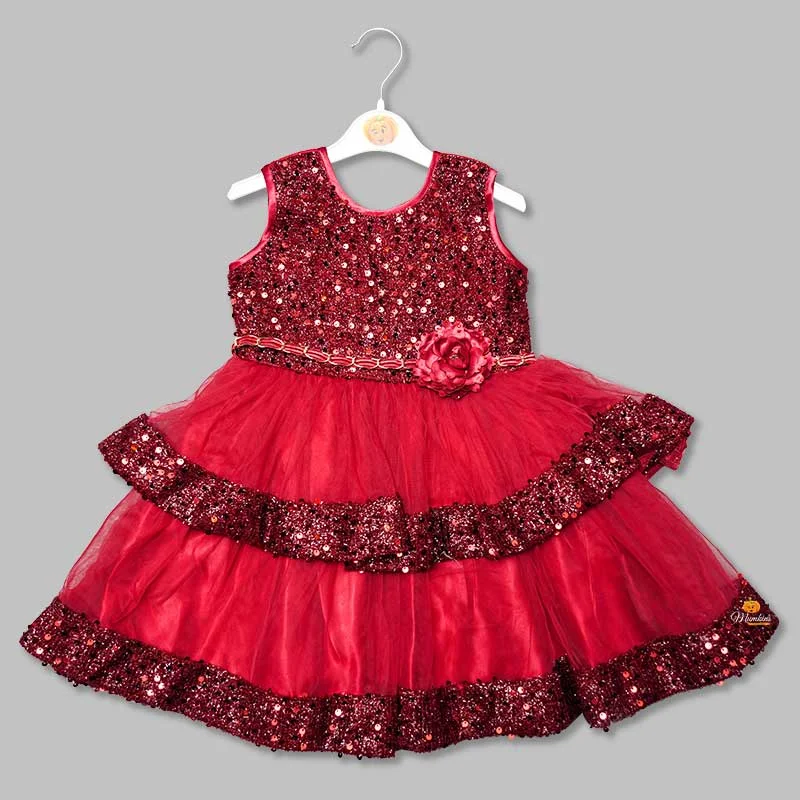 Red Net Frock for Girls with Sequins Work Black Sequin Dress