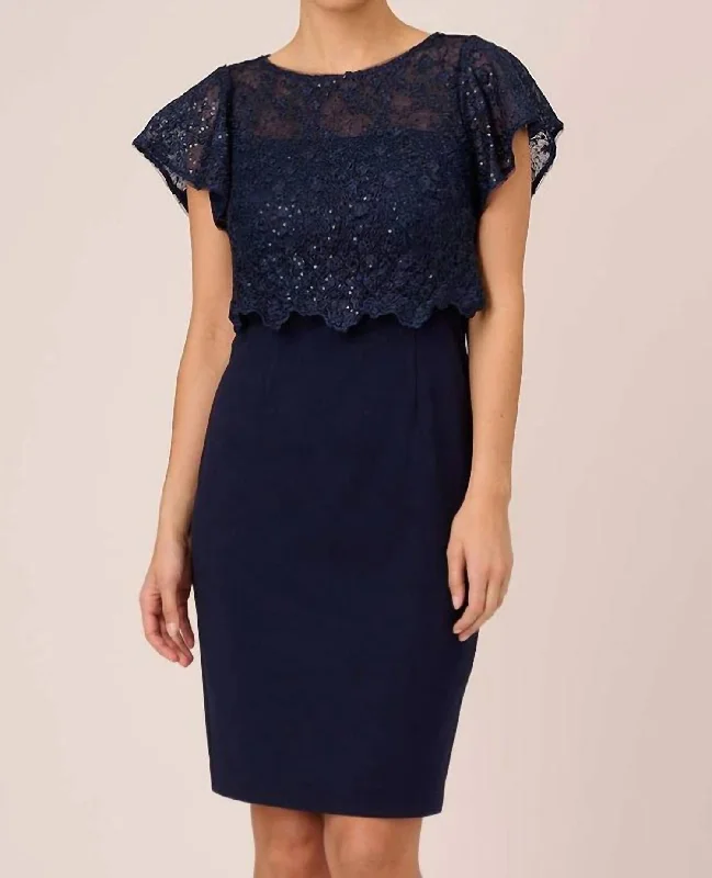 Sequined Guipure Lace Popover Sheath Dress In Navy Elegant Sequin Gown