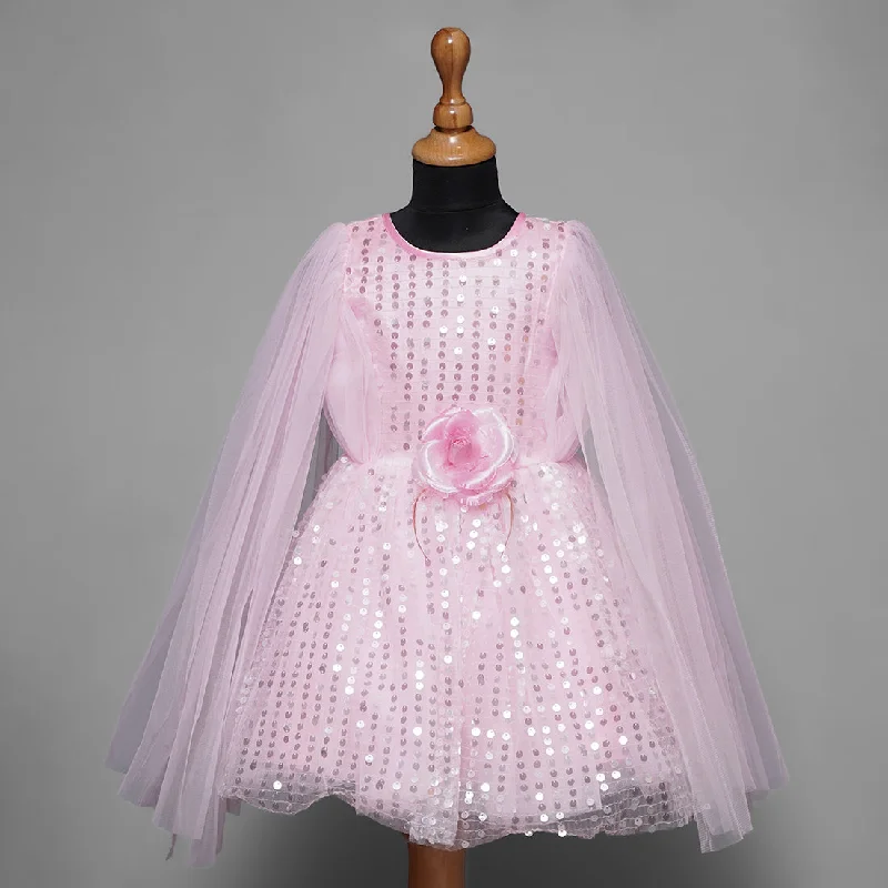 Baby Pink Sequin Frock for Girls with Cape Sleeves Sparkling Sequin Dress