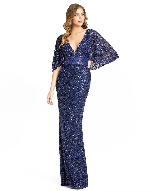 Sequined V-Neck Cape Sleeve Beaded Waist Gown Sequin Gown Chic