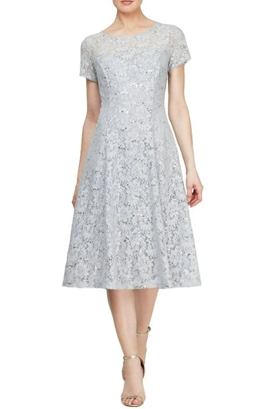 Cap Sleeve Tea Length Sequin Lace Dress In Silver Sequin A-line Dress