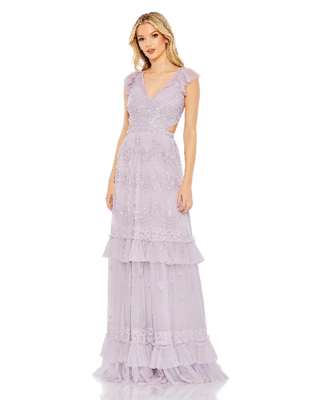 Sequined Rufffled Cap Sleeve Cut Out Tiered Gown Sleeveless Sequin Dress