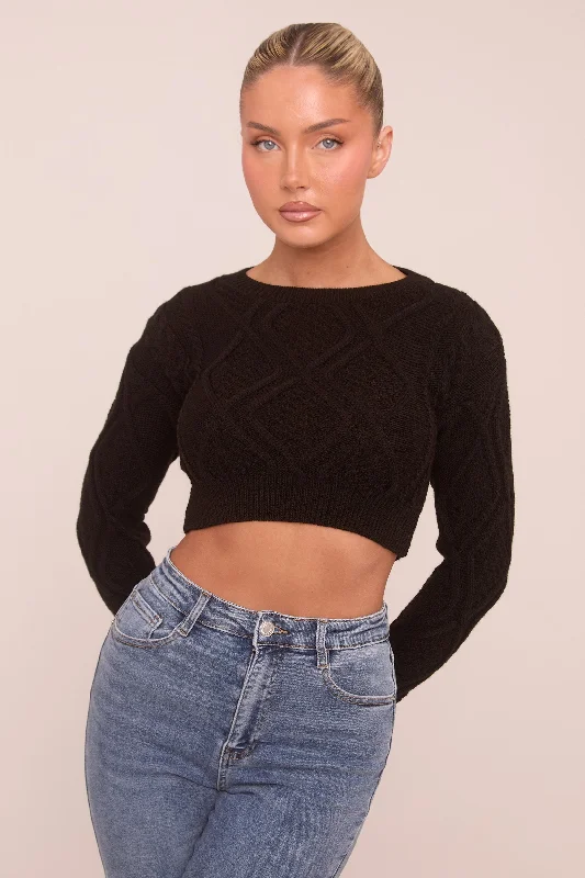 Black Cable Chunky Long Sleeves Cropped Jumper - Justyna Simple Pullover Sweater