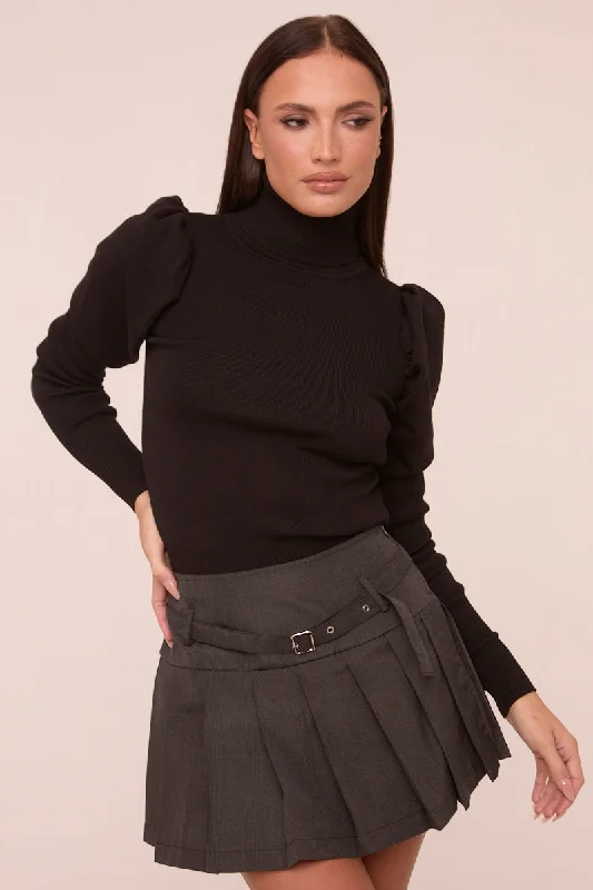 Black Knit High Neck Puff Sleeve Jumper - Amanza Pullover Sweater with Design