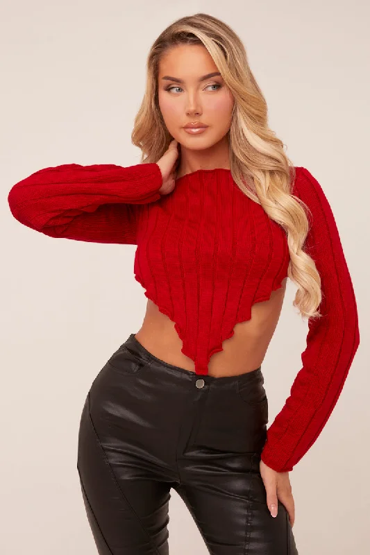 Red Knit Asymmetric Hem Cropped Jumper - Prima Long Sleeve Pullover