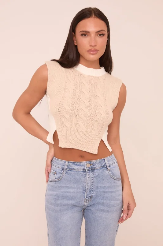 Beige Cable Knit Sleeveless Cropped Jumper - Cleo Relaxed Fit Pullover