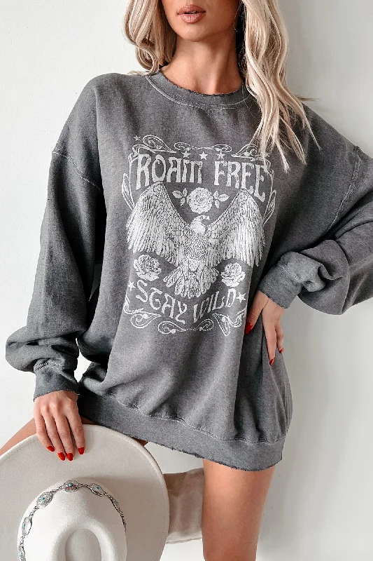 "Roam Free" Oversized Distressed Graphic Sweatshirt (Charcoal) Modern Hoodie Sweatshirt