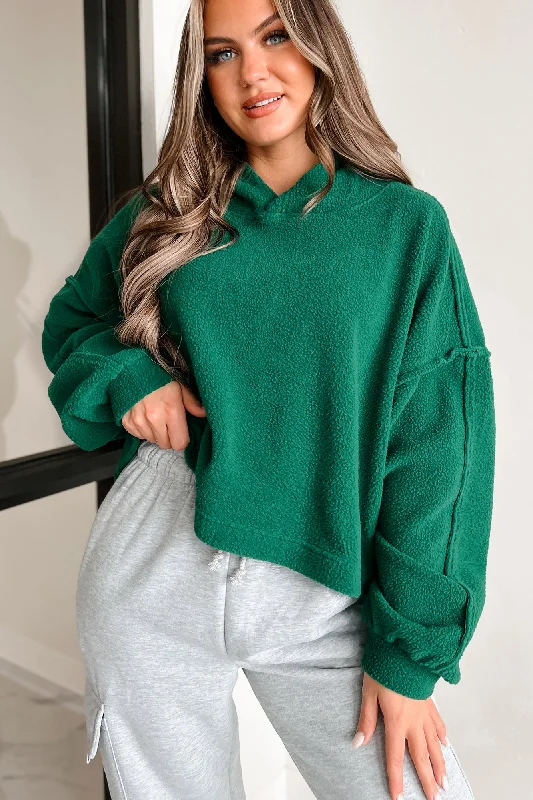 Left On Read Sherpa Fleece Crop Hoodie (Pine Green) Fashionable Sweatshirts for Women