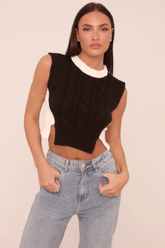 Black Cable Knit Sleeveless Cropped Jumper - Cleo Women’s Classic Sweater