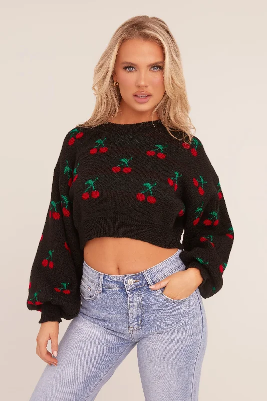 Black Cherry Print Cropped Jumper - Emaline Warm Pullover Sweatshirt