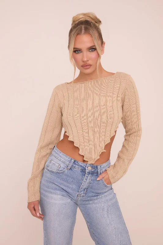 Beige Knit Asymmetric Hem Cropped Jumper - Prima Women’s Classic Sweater