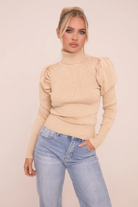 Beige Knit High Neck Puff Sleeve Jumper - Amanza Chunky Pullover Sweater