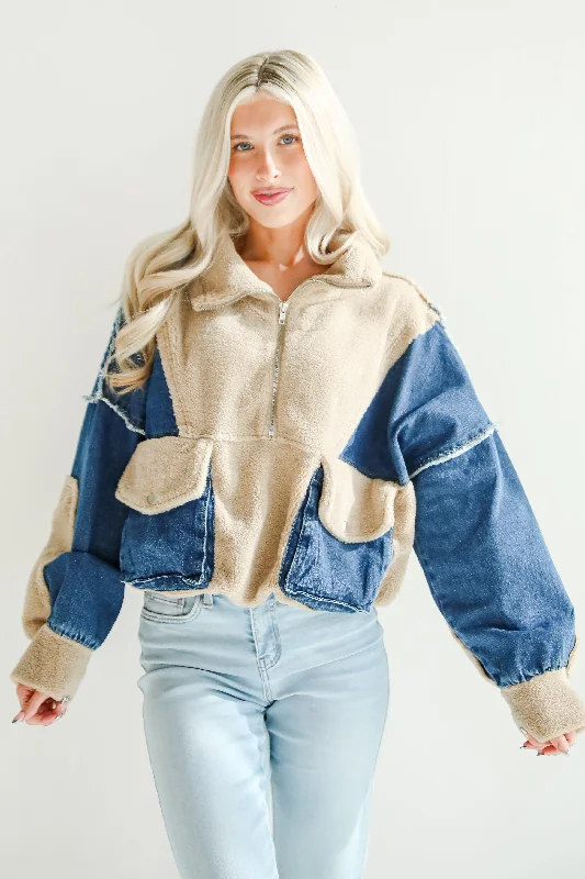 Nearest And Dearest Taupe Teddy Denim Quarter Zip Pullover Comfy Pullover Sweatshirt