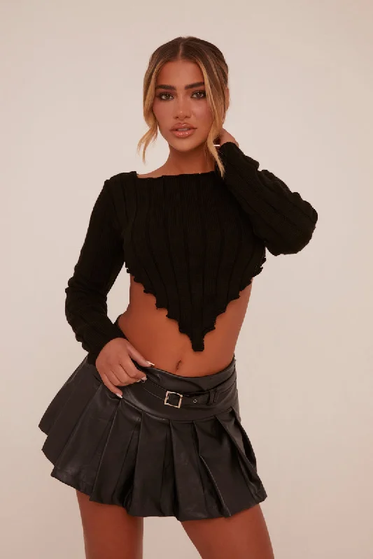 Black Knit Asymmetric Hem Cropped Jumper - Prima Comfy Pullover Sweater