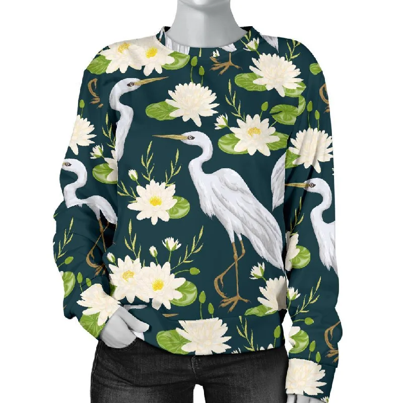 Heron Lotus Pattern Print Women's Sweatshirt Budget-friendly sweaters