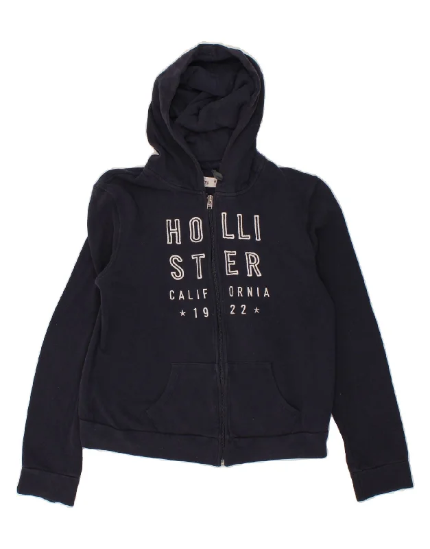 HOLLISTER Womens Graphic Zip Hoodie Sweater UK 14 Medium Navy Blue Cotton Mohair sweaters