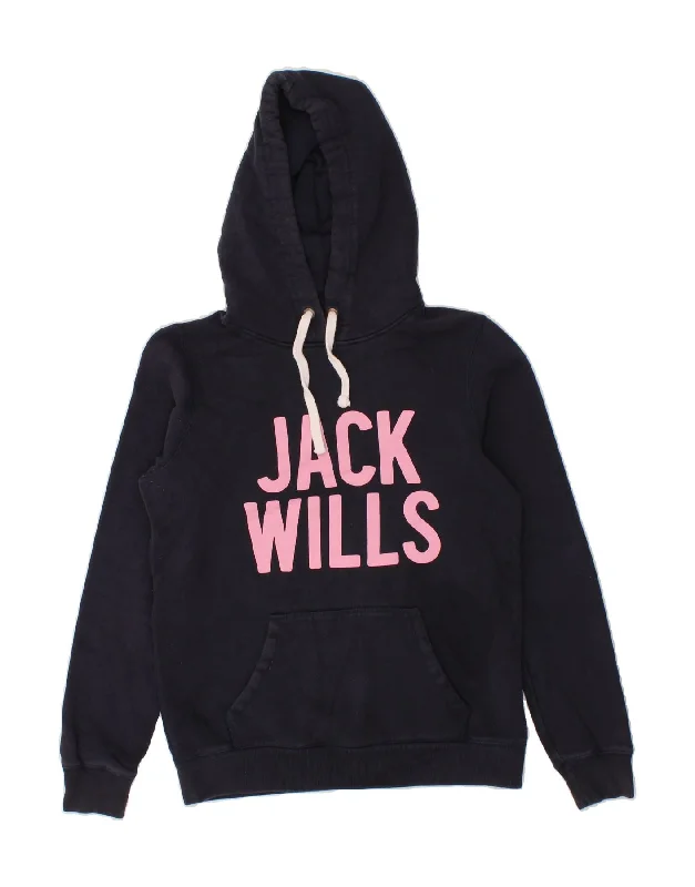 JACK WILLS Womens Graphic Hoodie Jumper UK 10 Small Navy Blue Cotton Edgy sweaters