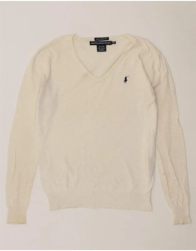 RALPH LAUREN Womens V-Neck Jumper Sweater UK 10 Small Off White Cotton Women's sweaters