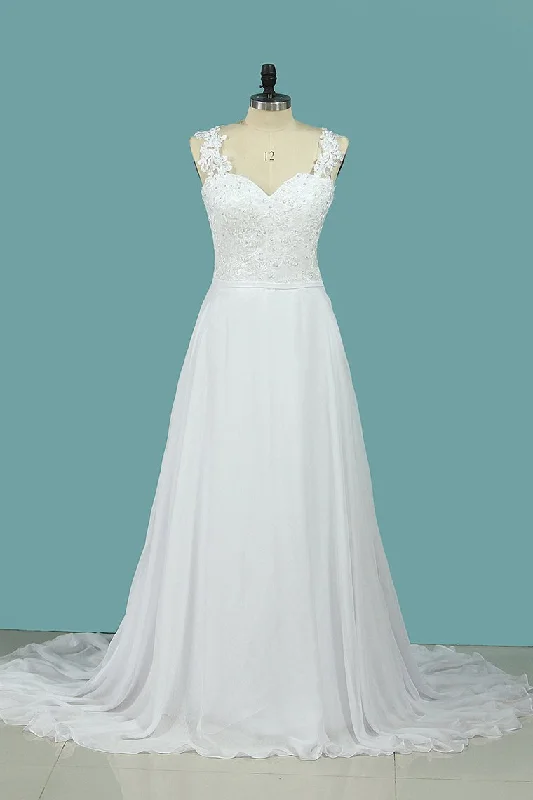 A Line Straps Wedding Dresses Chiffon With Applique Sweep Train Lace Boho Dress