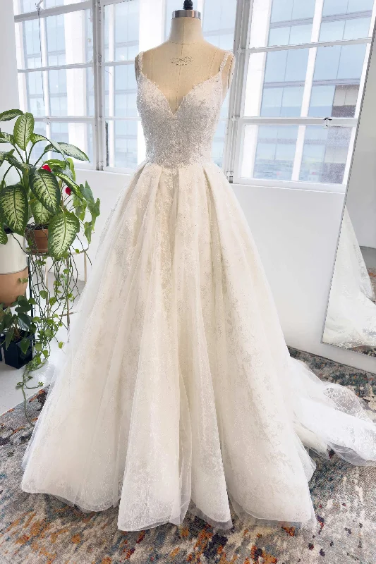 A-Line Chapel Train Lace Tulle Wedding Dress CW3005 Full Length Gown