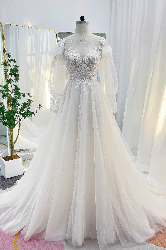 A-Line Chapel Train Lace Tulle Wedding Dress CW3240 Wedding Dress Long