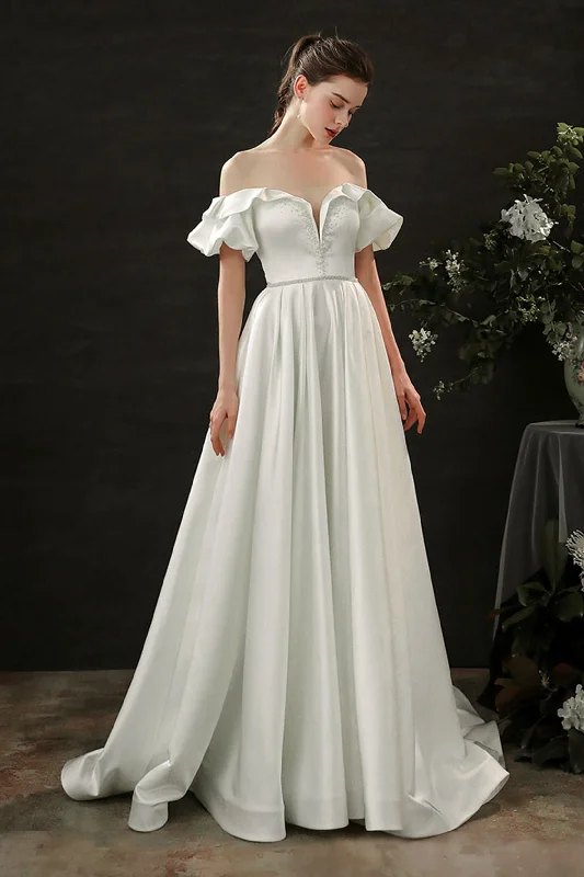 A-Line Court Train Satin Wedding Dress CW2687 Lace Boho Dress