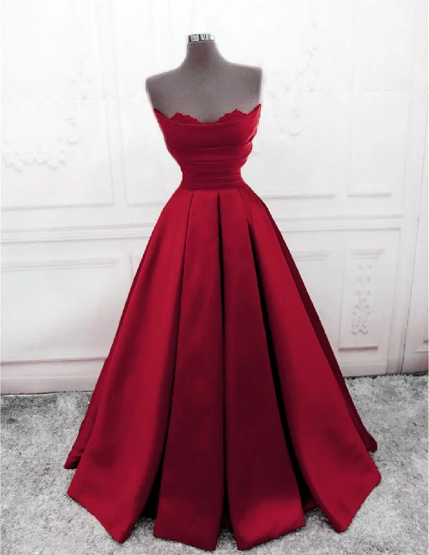 Ruched Satin Strapless Ball Gown Floor Length Dresses Soft Satin Bridal