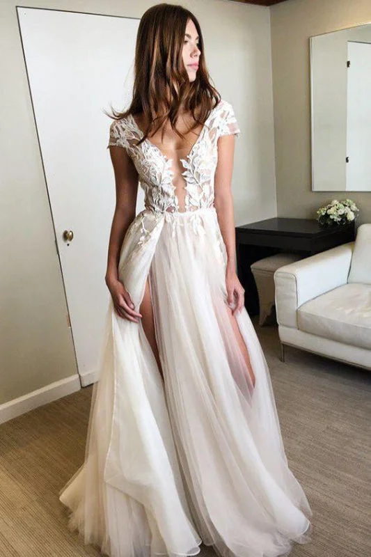 Cap Sleeve Deep V-neck With Appliques Sexy Split Tulle Wedding Dress Lace Back Wedding