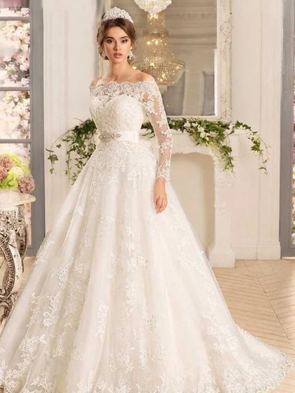 Off-the-Shoulder Tulle Ruffles Wedding Dresses Silk Wedding Gown