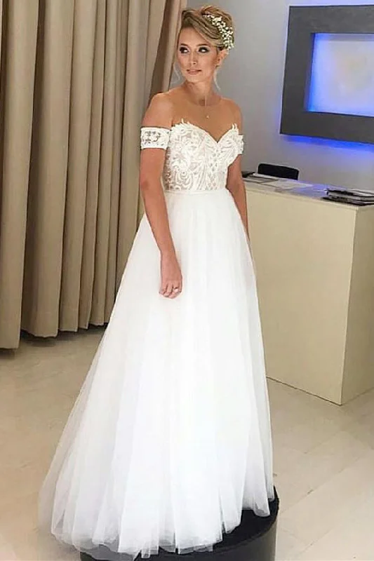 Chic Off the Shoulder Sweetheart Floor Length Tulle Wedding Dresses Wedding Dress Style