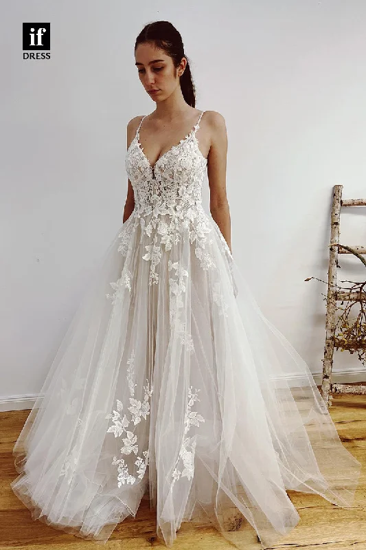 31676 - A Line V-Neck Lace Appliques Romantic Wedding Dress Lace Boho Dress