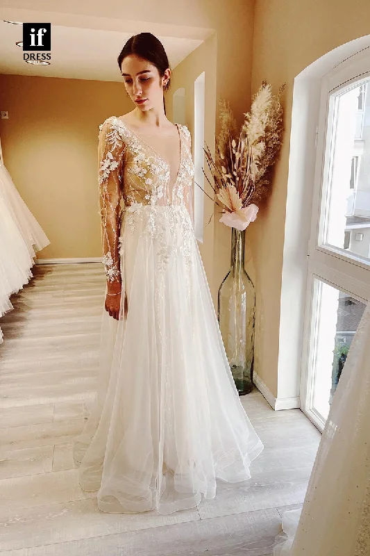 31678 - Illusion Neckline 3D Appliques Long Sleeves A Line Bohemian Wedding Dress Luxury Lace Gown