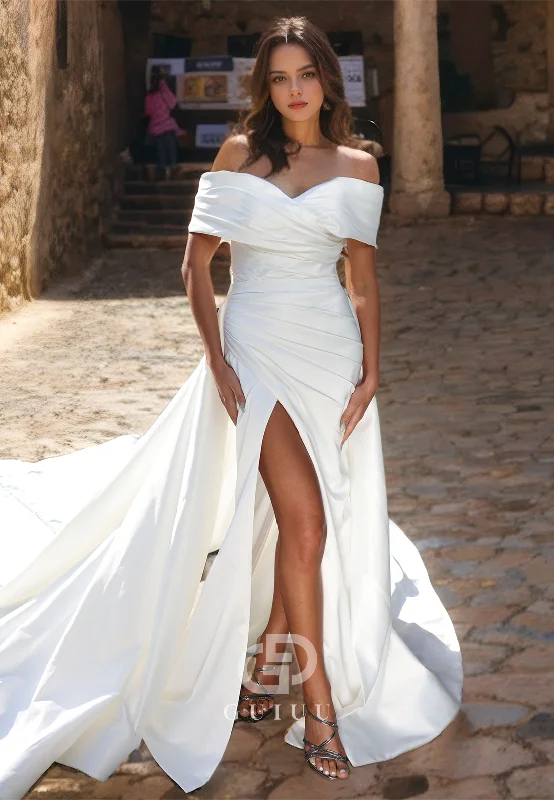 Sheath Off Shoulder Sleeveless Pleated Long Wedding Dress with High Side Slit and Train Simple Satin Gown