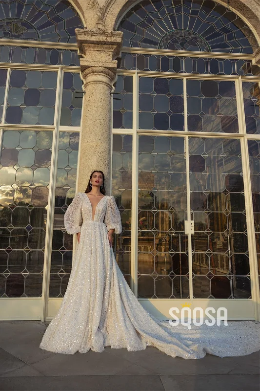 A Line Sexy Deep V neck Long Sleeves Romantic Wedding Dress with Court Train QW2299 Beautiful Bridal Gown