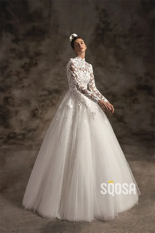 A Line High Neck Lace Long Sleeves Vintage Wedding Dress QW2328 Sleek Wedding Dress