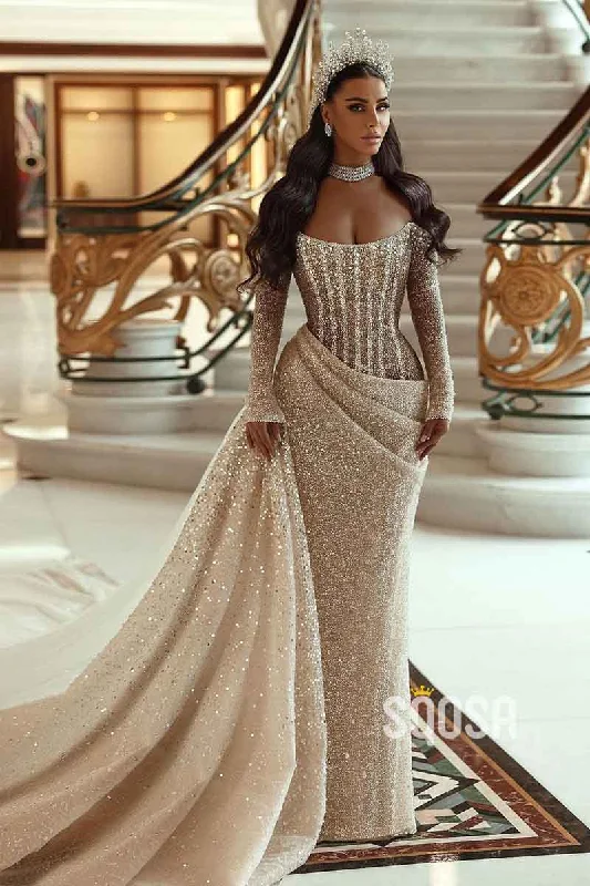 Unique Strapless Long Sleeves Elegant Mermaid Wedding Dress QW2520 Romantic Lace Dress