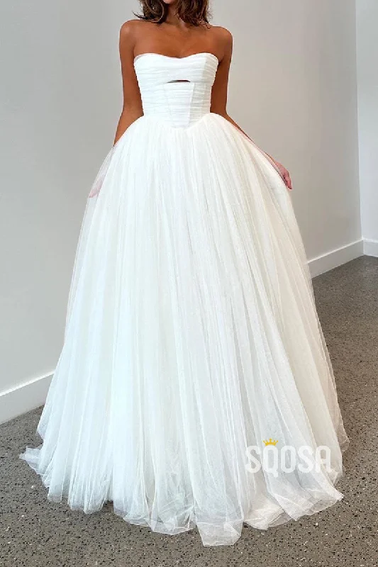 Chic A-Line Sweetheart Strapless Tulle Wedding Dress QW8188 Illusion Neckline Gown