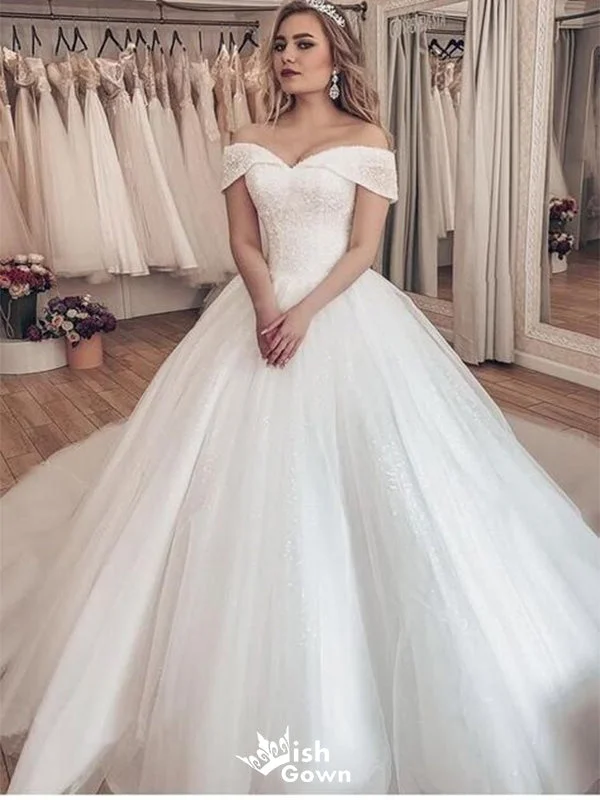 Elegant Off Shoulder Beads With Trailing Popular Bridal Long Wedding Dresses, WDH085 Ruffle Wedding Gown