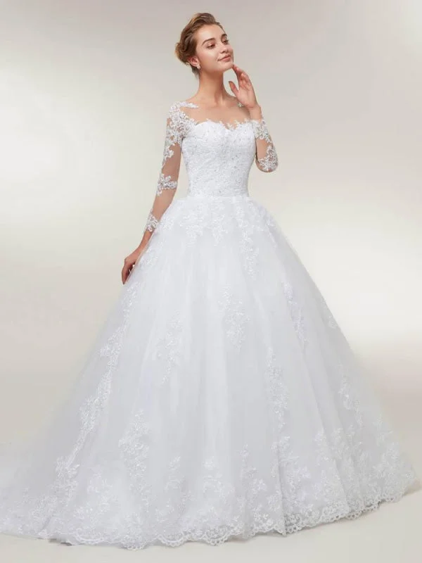 Glamorous Long Sleeves Lace-Up Ball Gown Wedding Dresses Full Skirt Wedding