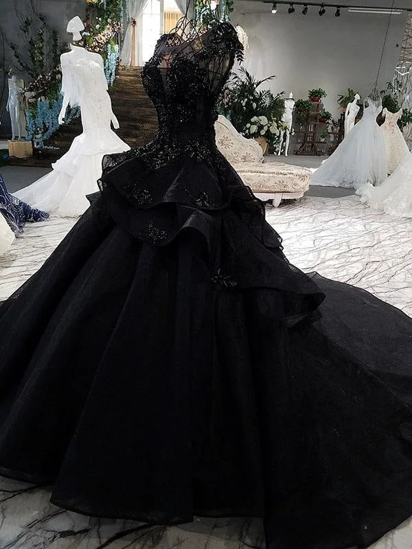 Gorgeous Black Ball Gown Cap Sleeves Long Wedding Dress Silk Wedding Gown