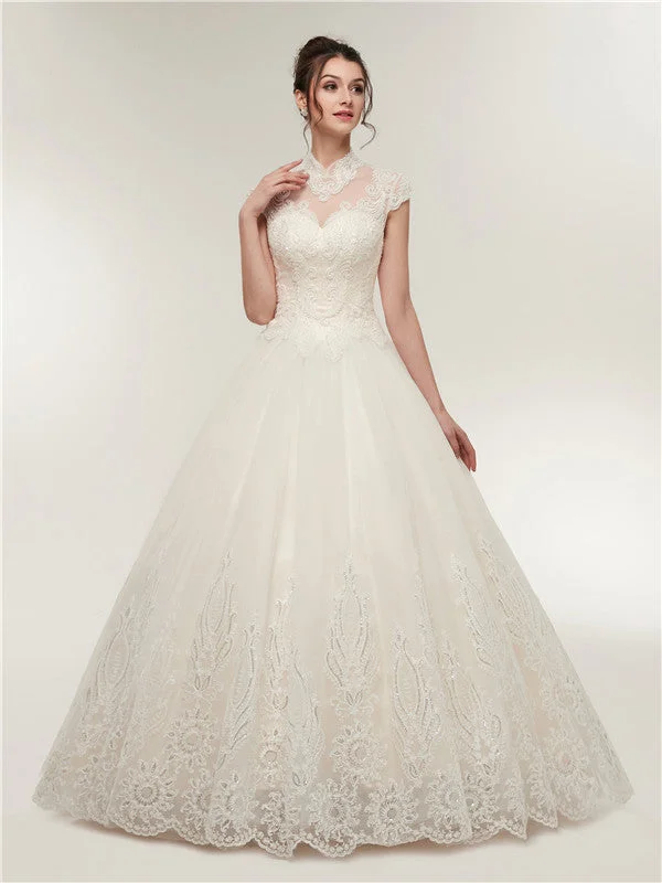 High Neck Cap Sleeves Lace Appliques Beading Open Back Wedding Dresses, WD0464 Off-shoulder Bridal Gown