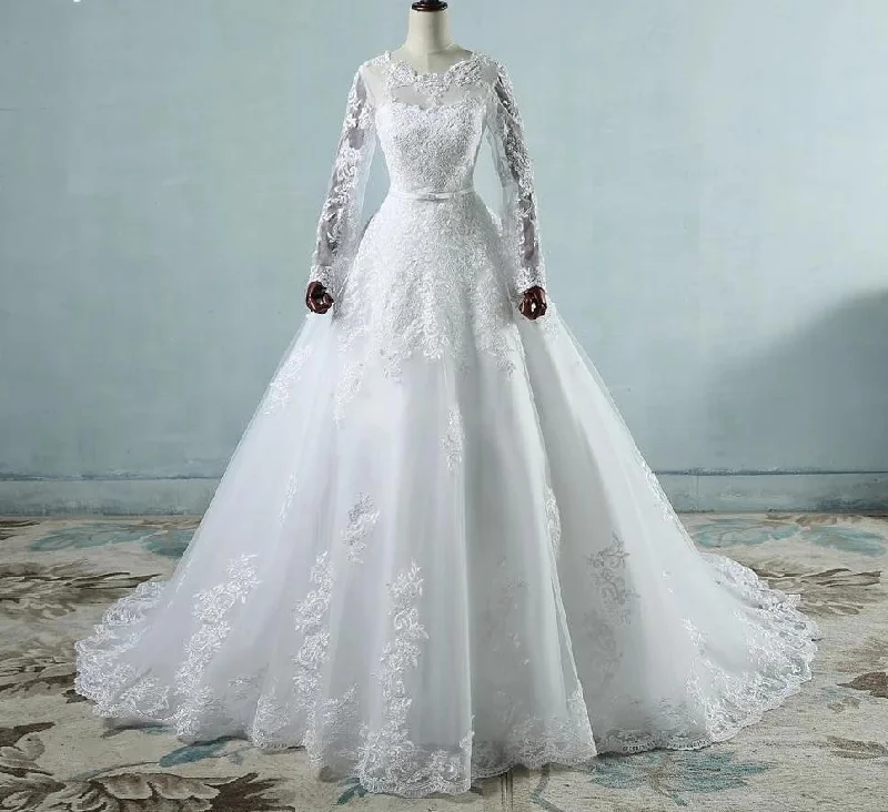 Classical Long Lace Sleeve Court Train Wedding Bridal Gown Empire Waist Gown