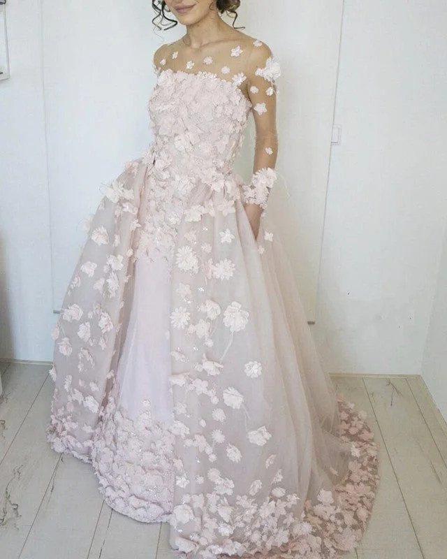 Long Sleeves Ball Gown Tulle Dresses With 3D Flowers Sheer Wedding Dress